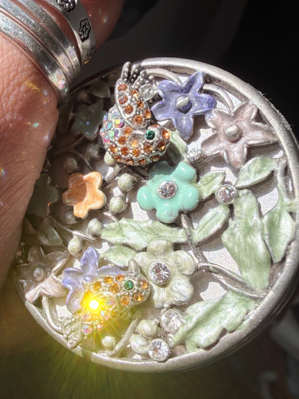 Silver-Tone Floral & birds small mirror with Pastel Enamel-glass/crystal accents